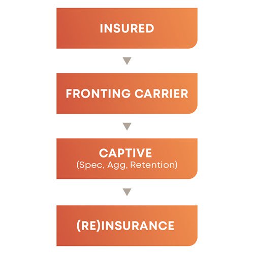 This diagram outlines the general components being Insured, Fronting Carrier, Captive (Spec, Agg, Retention) and Reinsurance.